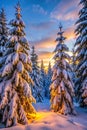 Evening Winter Coniferous Forest with Snow-Covered Branches Royalty Free Stock Photo