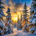 Evening Winter Coniferous Forest with Snow-Covered Branches Royalty Free Stock Photo