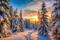 Evening Winter Coniferous Forest with Snow-Covered Branches Royalty Free Stock Photo