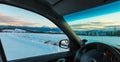 Evening winter mountain ridge view thru car windshield Royalty Free Stock Photo