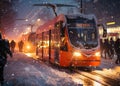 Evening winter scene in snowy city afetr heavy snowfall. Snow-covered Tram Moving Through City Streets