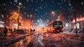 Evening winter scene in snowy city afetr heavy snowfall. Snow-covered Transports Moving Through City Streets