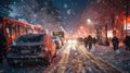 Evening winter scene in snowy city afetr heavy snowfall. Snow-covered Transports Moving Through City Streets