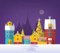 Evening winter urban landscape with old city, town or village. Snowy cityscape with buildings and trees decorated for Royalty Free Stock Photo