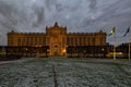 Evening winter view of east wing of Riksdagshuset 1905, Swedish Parliament building, Stockholm, Sweden Royalty Free Stock Photo