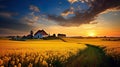 The evening world of rural harmony golden fields stretch away and the houses are arranged as if the