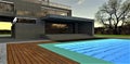Evening in the yard of the high tech country house with pool. Illuminated steps go downstairs under the water. 3d rendering Royalty Free Stock Photo