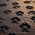Evenly spaced canine paw prints are imprinted on a sandy surface. The lighting Royalty Free Stock Photo