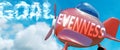 Evenness helps achieve a goal - pictured as word Evenness in clouds, to symbolize that Evenness can help achieving goal in life