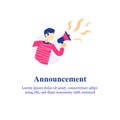 Event announcement, man holding megaphone and shouting, special offer concept, refer a friend program Royalty Free Stock Photo