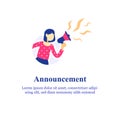 Event announcement, woman holding megaphone and shouting, special offer concept, refer a friend program Royalty Free Stock Photo