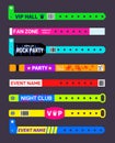 Event bracelets. Party festival entrance paper wristbands. Concert invitation ticket mockup. Music entertainments entry