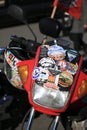 View of the front fairing of a motorcycle with stickers Royalty Free Stock Photo