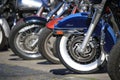 View of the front wheels of motorcycles on a sunny day. Close-up Royalty Free Stock Photo