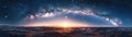 Event horizon silhouette, galaxy rise, dawn light, wide panorama, awe-inspiring scale