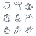 event line icons. linear set. quality vector line set such as confetti, confetti, cupcake, magic show, dress, suit, engagement,