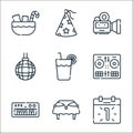 event line icons. linear set. quality vector line set such as new year, table, piano, dj, orange juice, disco ball, video camera,