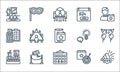 event management line icons. linear set. quality vector line set such as review, party time, press conference, target, security,