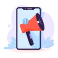 Event notification concept. Megaphone on the mobile phone