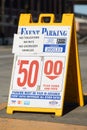 Event parking price on a board of $50 with payment methods