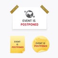 This event is postponed paper sticker banner virus covid world warning design vector