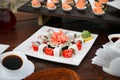 Event services. outdoor buffet sushi and rolls. Royalty Free Stock Photo