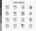 Event services thin line icons set: kids party, gifts, birthday, magician, clown, videographer, party invitation, corporate,