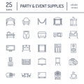 Event supplies flat line icons. Party equipment - stage constructions, visual projector, stanchion, flipchart, marquee Royalty Free Stock Photo