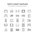 Event supplies flat line icons. Party equipment - stage constructions, visual projector, stanchion, flipchart, marquee Royalty Free Stock Photo