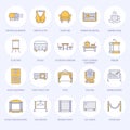 Event supplies flat line icons. Party equipment - stage constructions, visual projector, stanchion, flipchart, marquee Royalty Free Stock Photo