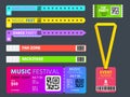 Event tickets, entrance bracelets and badge for access control. Music festival, show, concert or vip party wristband Royalty Free Stock Photo