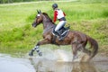 Eventing: equestrian rider jumping over an a log fence obstacle in splash