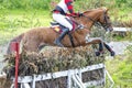 Eventing: equestrian rider jumping over an a brance fence water obstacle in splash