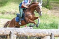 Eventing: equestrian rider jumping over an a log fence obstacle