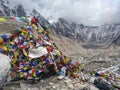 EVEREST BASE CAMP, NEPAL, May 16th, 2019 - view from Mount Everest base camp with rows of buddhist prayer flags - sagarmatha Royalty Free Stock Photo