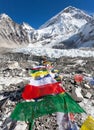 Everest base camp with rows of buddhist prayer flags Royalty Free Stock Photo