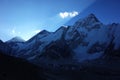 Everest base camp trek along Khumbu glacier, Morning sun ray exactly from behind the top of Everest, Nepal