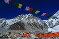 Everest climbers` tents on Khumbu glacier with prayer flags