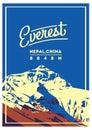 Everest in Himalayas, Nepal, China outdoor adventure poster. Chomolungma mountain illustration. Royalty Free Stock Photo