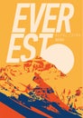 Everest in Himalayas, Nepal, China outdoor adventure poster. Chomolungma mountain at sunset illustration. Royalty Free Stock Photo