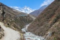 Everest and Lhotse mountain peaks rises above mountain valley in Himalayas Royalty Free Stock Photo