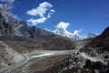 Everest trek, Helicopter flying over valley Himalayas mountains, Sagarmatha national park, Solukhumbu, Nepal