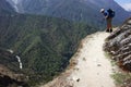 Everest trek, Tourist looking down from dangerous mountain walkway on Pangboche - Portse upper trail. Mountains Himalayas