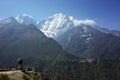 Everest trek, Tourist is standing on Pangboche - Portse upper trail with view of Tengboche village. Mountains Himalayas Royalty Free Stock Photo