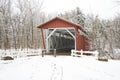 Red covered bridge in a winter wonderland