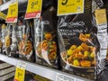 Everett, WA USA - circa August 2022: Angled, selective focus on P. F. Changs freezer meals for sale inside an Albertsons grocery Royalty Free Stock Photo