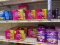 Everett, WA USA - circa August 2022: Angled, selective focus on tampon products for sale inside an Albertsons grocery store