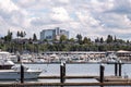 Everett, WA. USA 07-08-20022: The marina and houses on hill from the Jetty Island boat dock
