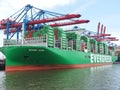 Evergreen - the biggest container ship at Terminal Burchardkai in the port of Hamburg, Germany Royalty Free Stock Photo