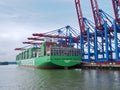 Evergreen - the biggest container ship at Terminal Burchardkai in the port of Hamburg, Germany Royalty Free Stock Photo